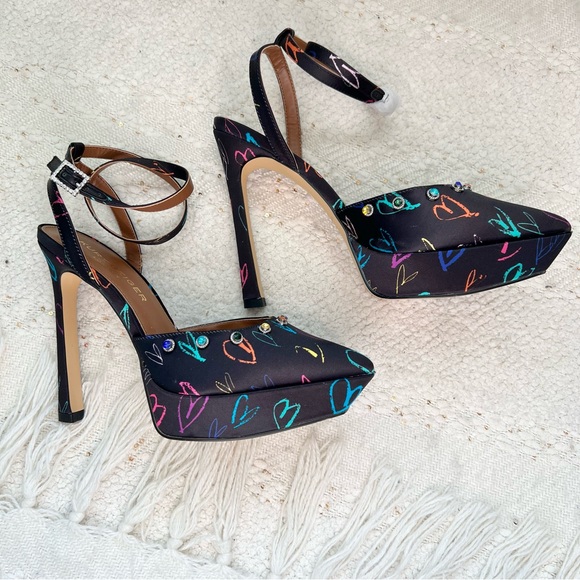 Kurt Geiger OCTAVIA Heels Black Satin Colorful Hearts Rhinestones Platforms 7.5 - Picture 3 of 6